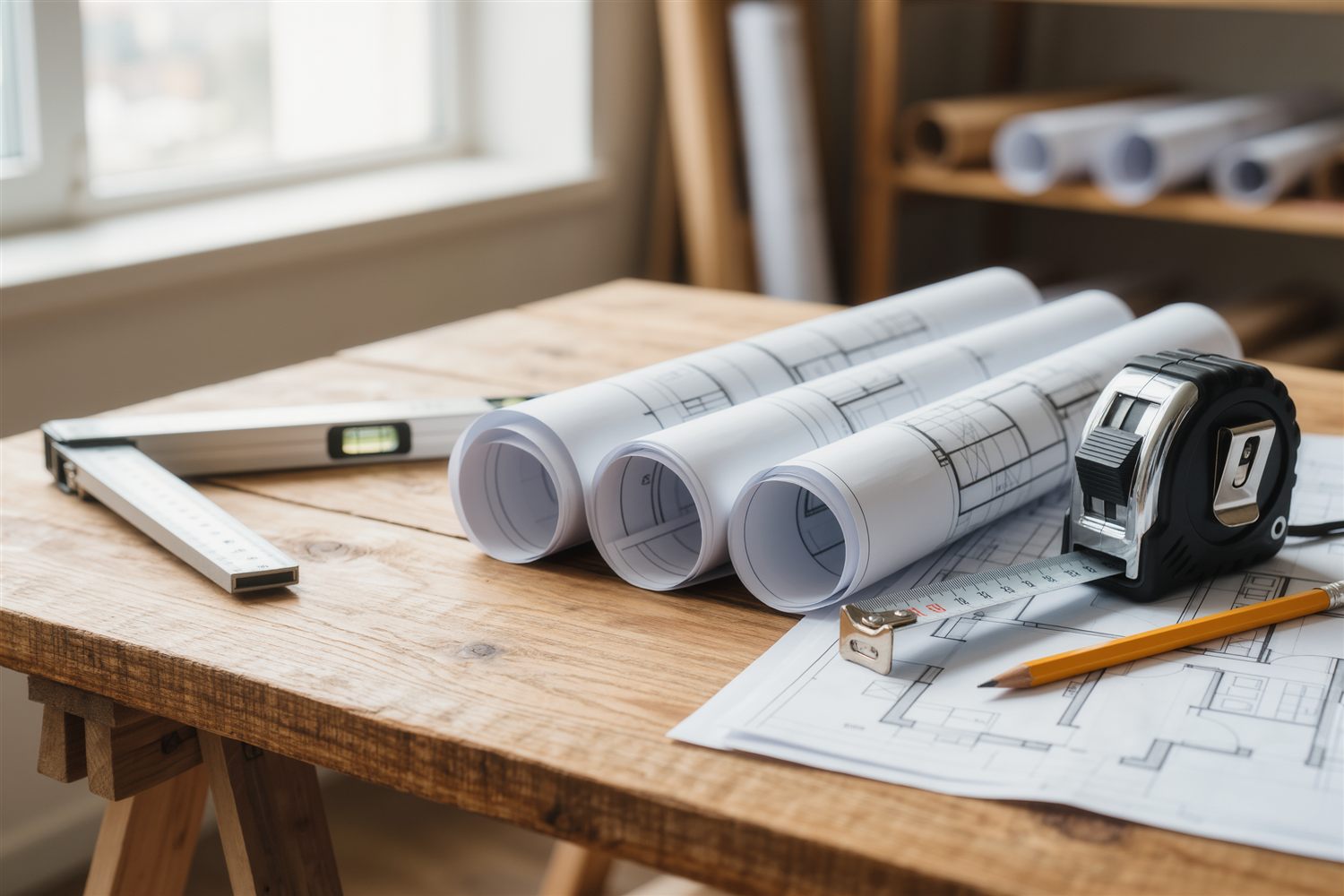 Wooden worktable with rolled floor plans, a tape measure, a level and a carpenter pencil